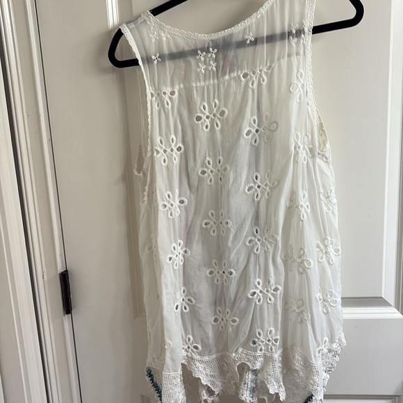 Johnny Was Cream and Blue Asymmetrical Embellished Tank Top - Picture 4 of 4